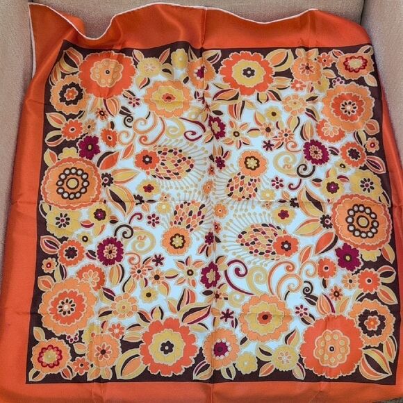Vintage MCM Square Floral Orange and Brown Scarf - Picture 4 of 10